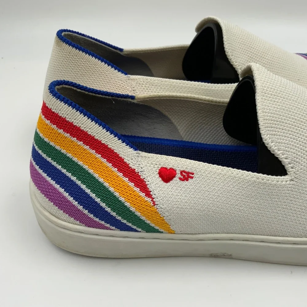 Rothys The Sneaker White Rainbow Stripe Heart SF Slip On Shoes Womens 8